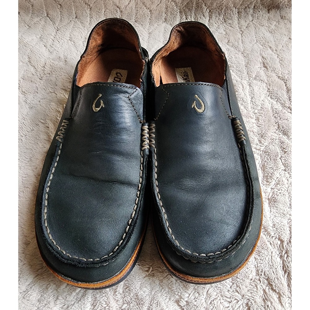 OluKai Moloa Mens Leather Loafers Slip On Black Moccasin Size 8